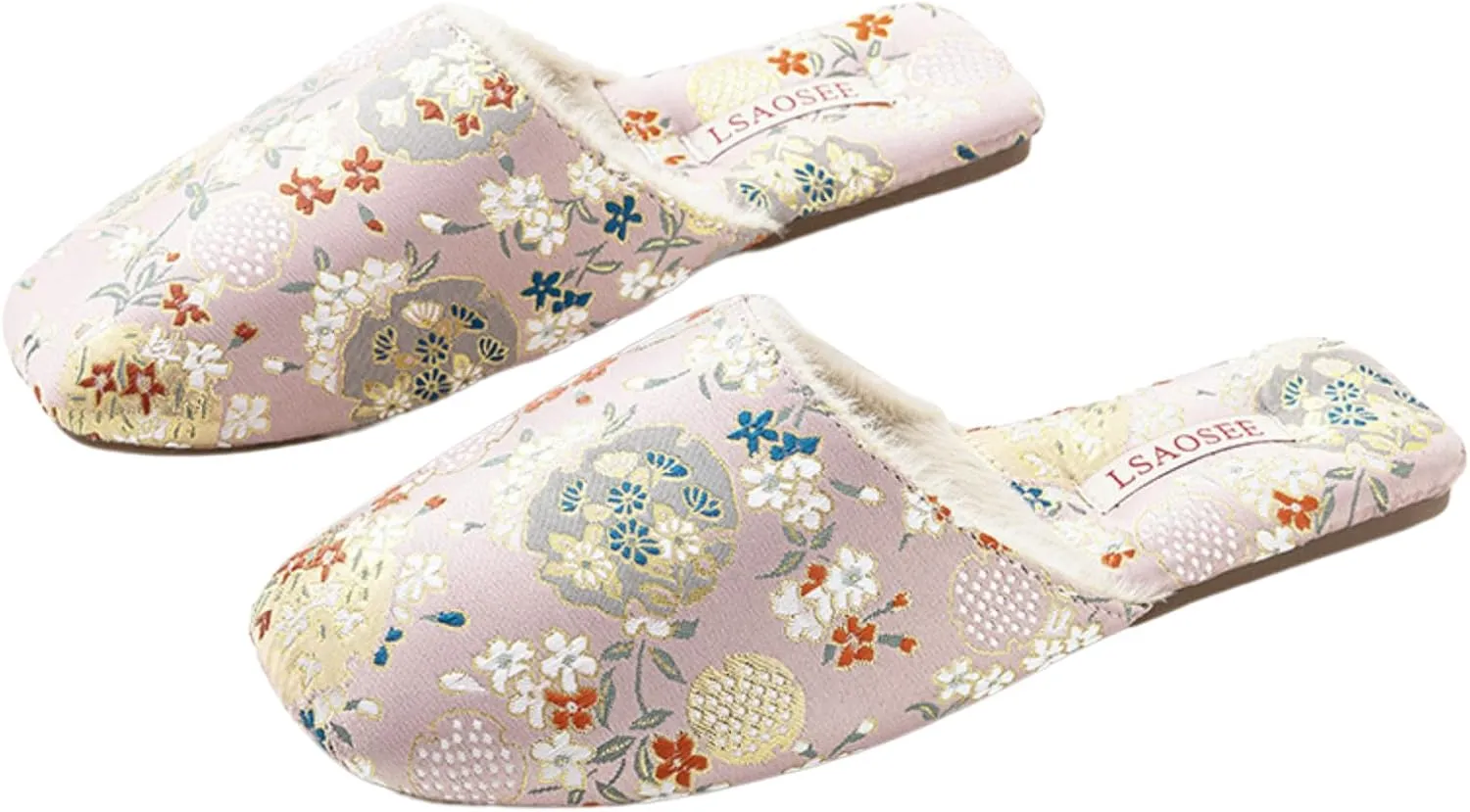 Silk Embroidered Slippers for Women Retro Brocade Upper Fuzzy Linen insole Soft TPR Anti-Slip Soles Indoor Slippers
