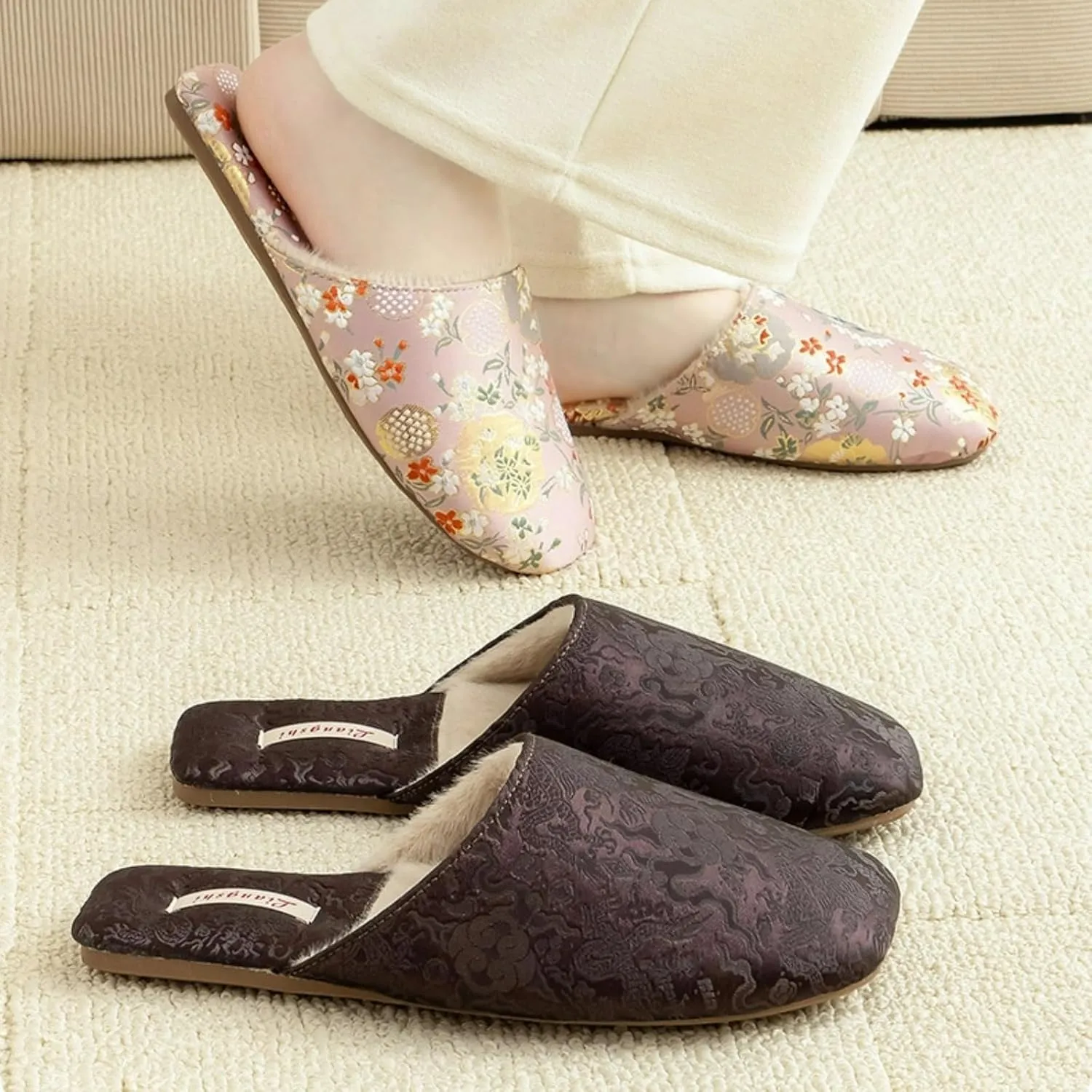 Silk Embroidered Slippers for Women Retro Brocade Upper Fuzzy Linen insole Soft TPR Anti-Slip Soles Indoor Slippers
