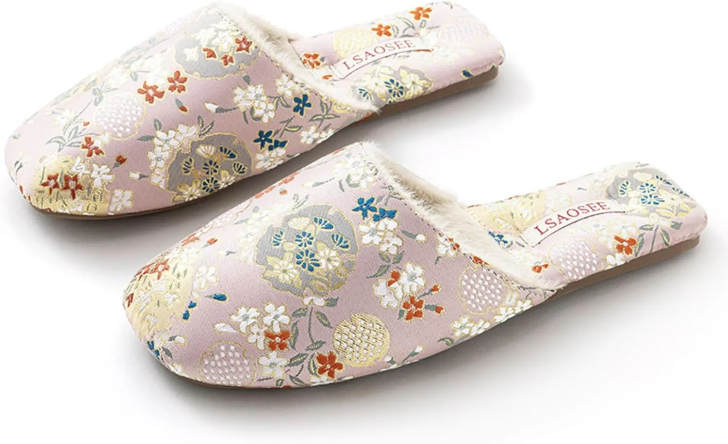 Silk Embroidered Slippers for Women Retro Brocade Upper Fuzzy Linen insole Soft TPR Anti-Slip Soles Indoor Slippers