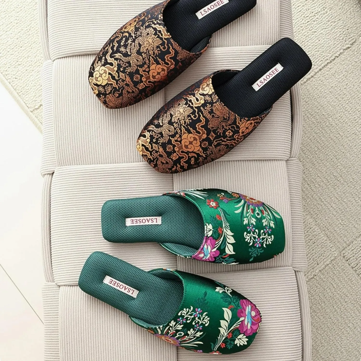 Silk Embroidered Slippers Women Retro Brocade Upper Mesh and Fuzzy Lining Anti-Slip Soles Indoor Slippers