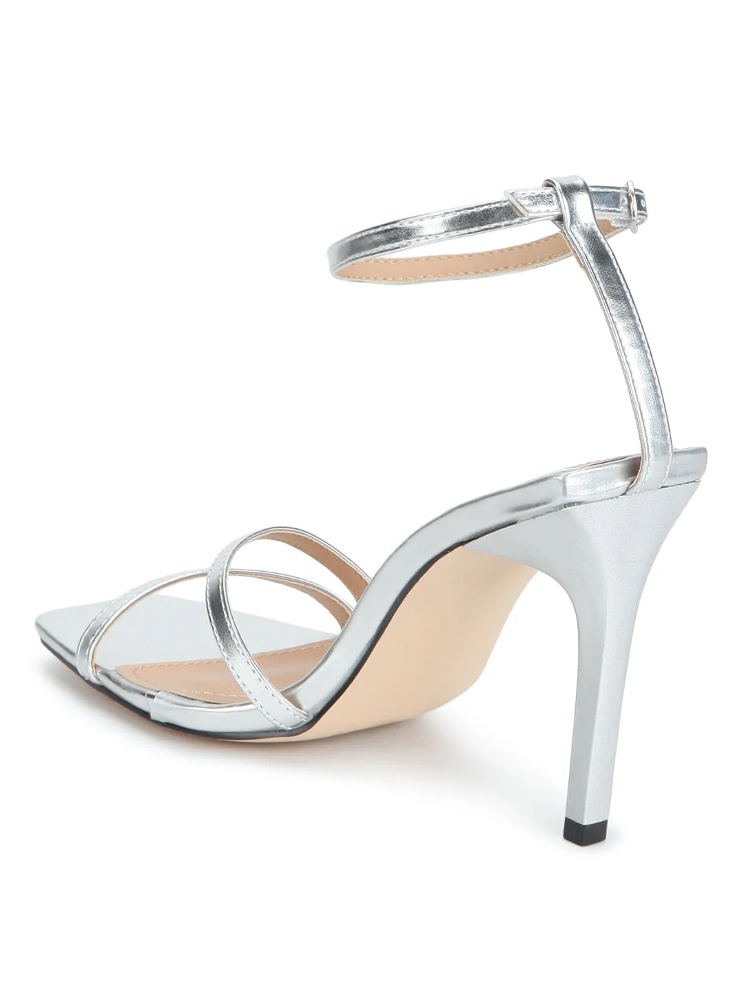 Silver Metallic Strappy Ankle Strap Stilettos