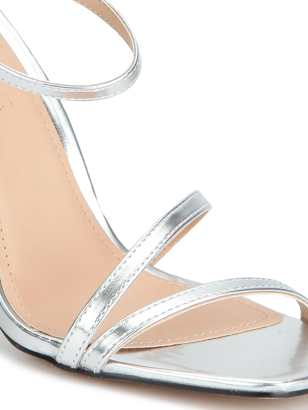 Silver Metallic Strappy Ankle Strap Stilettos