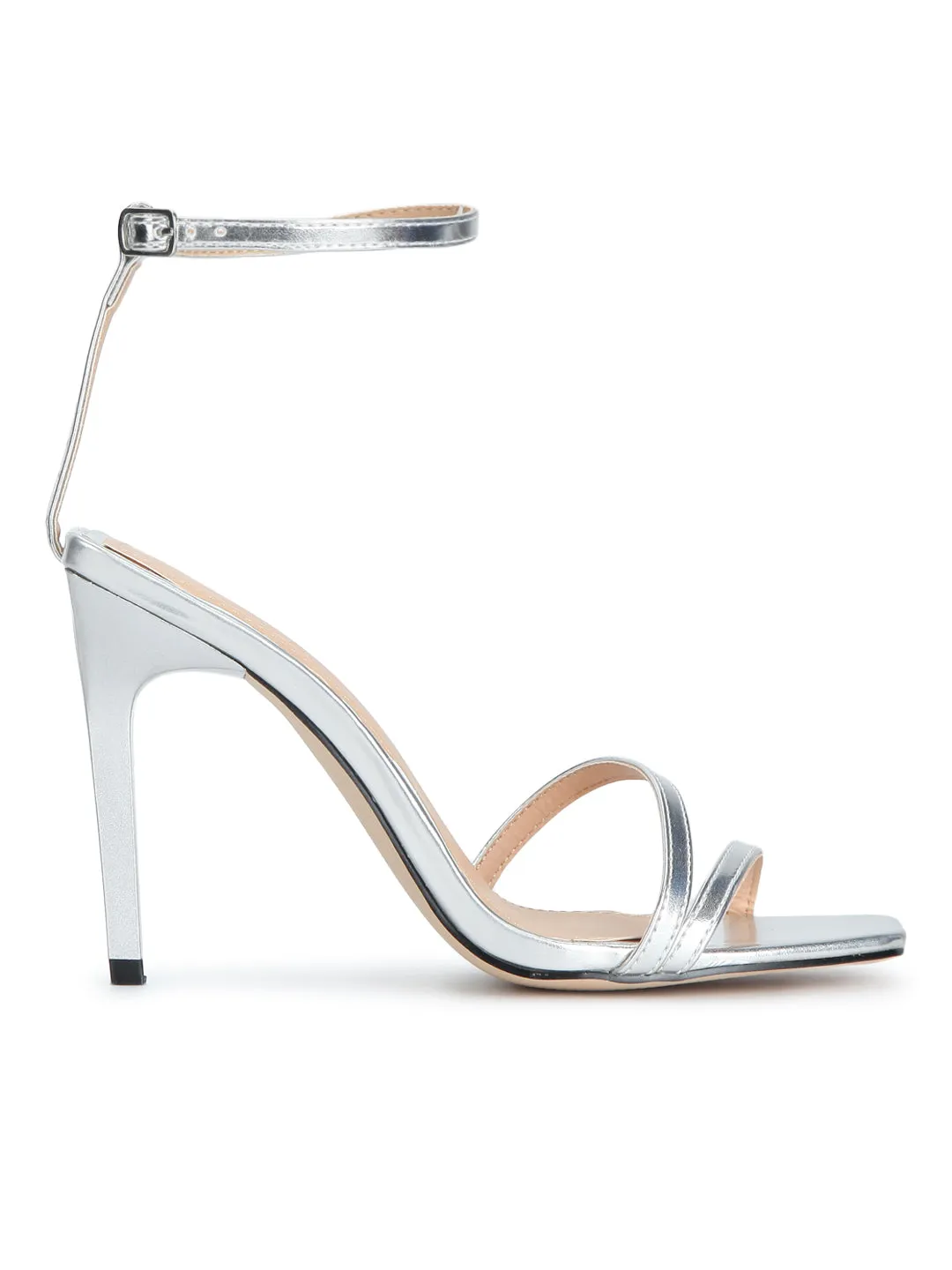 Silver Metallic Strappy Ankle Strap Stilettos