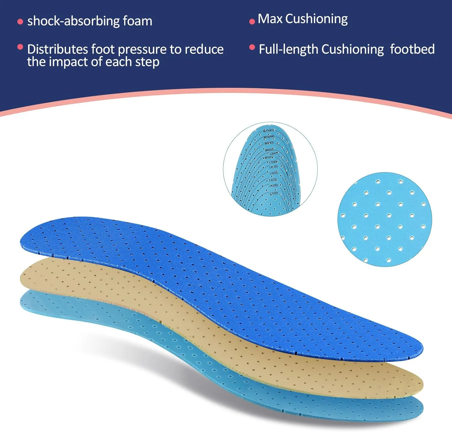 Sintege 3 Pairs Breathable Shoe Insoles Inserts Ultra-Soft Cushioning Walking Comfort Double-Layer Latex Foam Perforated Replacement Insoles for Men 7-11 Woman 2-8(Blue,Green,Red)