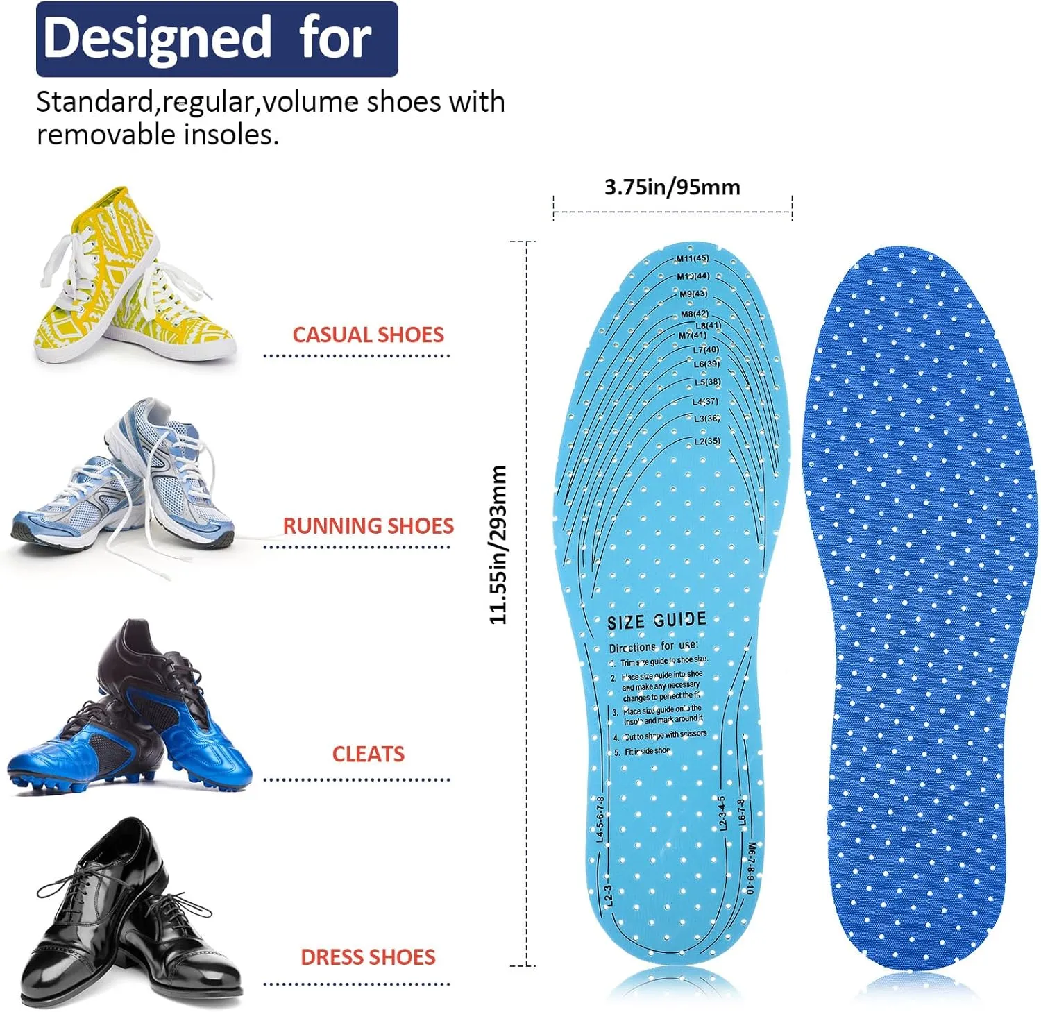 Sintege 3 Pairs Breathable Shoe Insoles Inserts Ultra-Soft Cushioning Walking Comfort Double-Layer Latex Foam Perforated Replacement Insoles for Men 7-11 Woman 2-8(Blue,Green,Red)