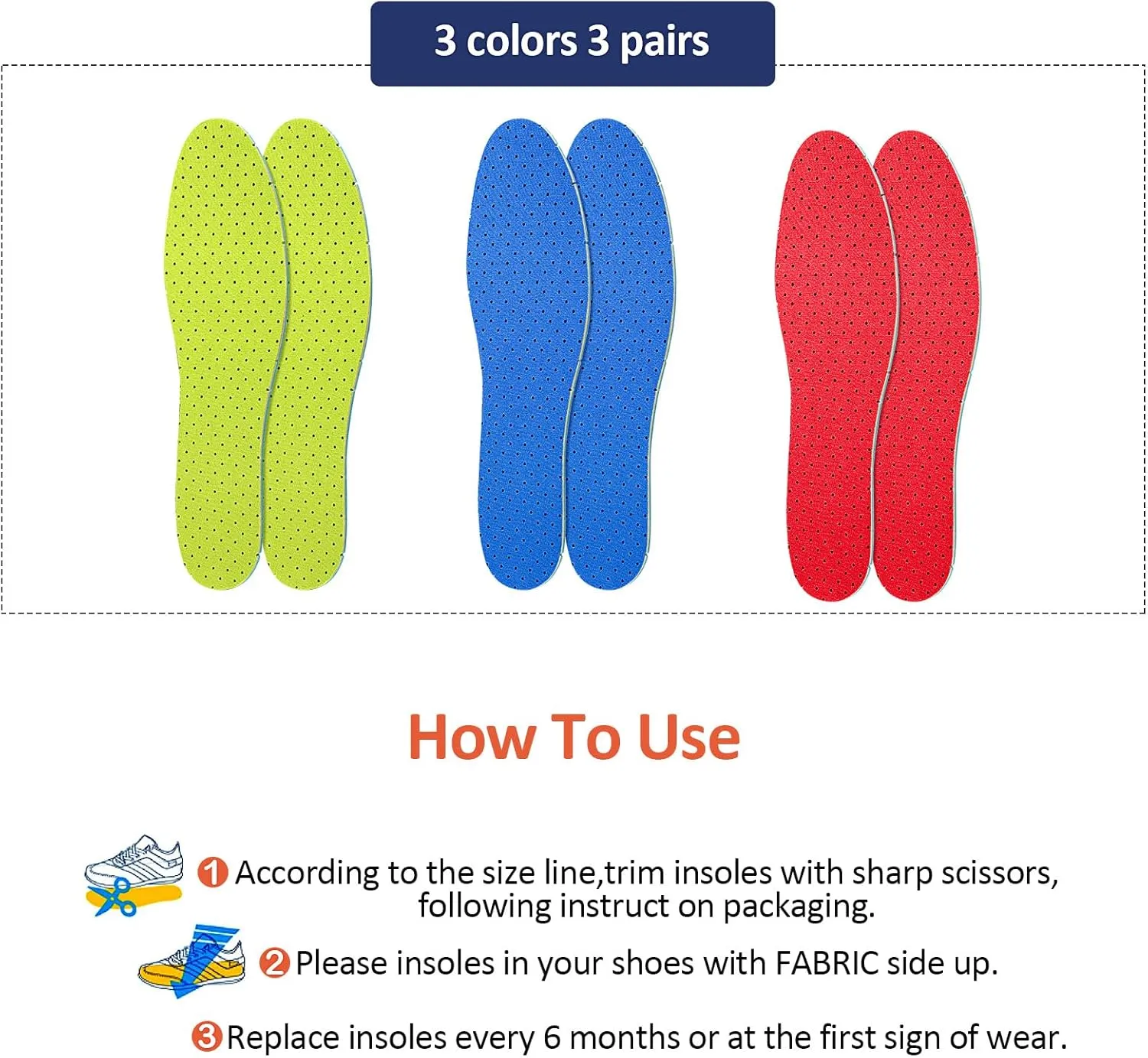 Sintege 3 Pairs Breathable Shoe Insoles Inserts Ultra-Soft Cushioning Walking Comfort Double-Layer Latex Foam Perforated Replacement Insoles for Men 7-11 Woman 2-8(Blue,Green,Red)