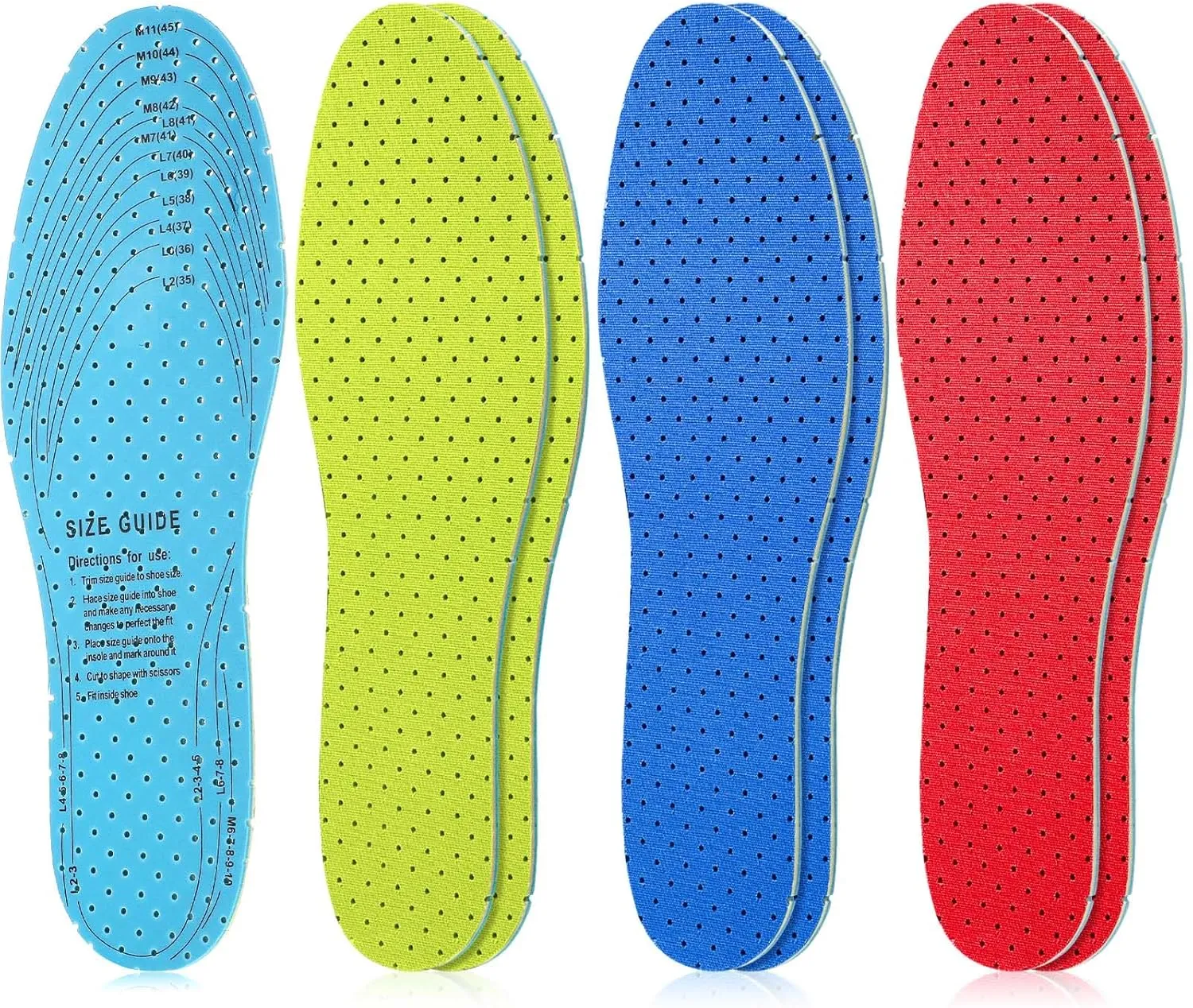 Sintege 3 Pairs Breathable Shoe Insoles Inserts Ultra-Soft Cushioning Walking Comfort Double-Layer Latex Foam Perforated Replacement Insoles for Men 7-11 Woman 2-8(Blue,Green,Red)