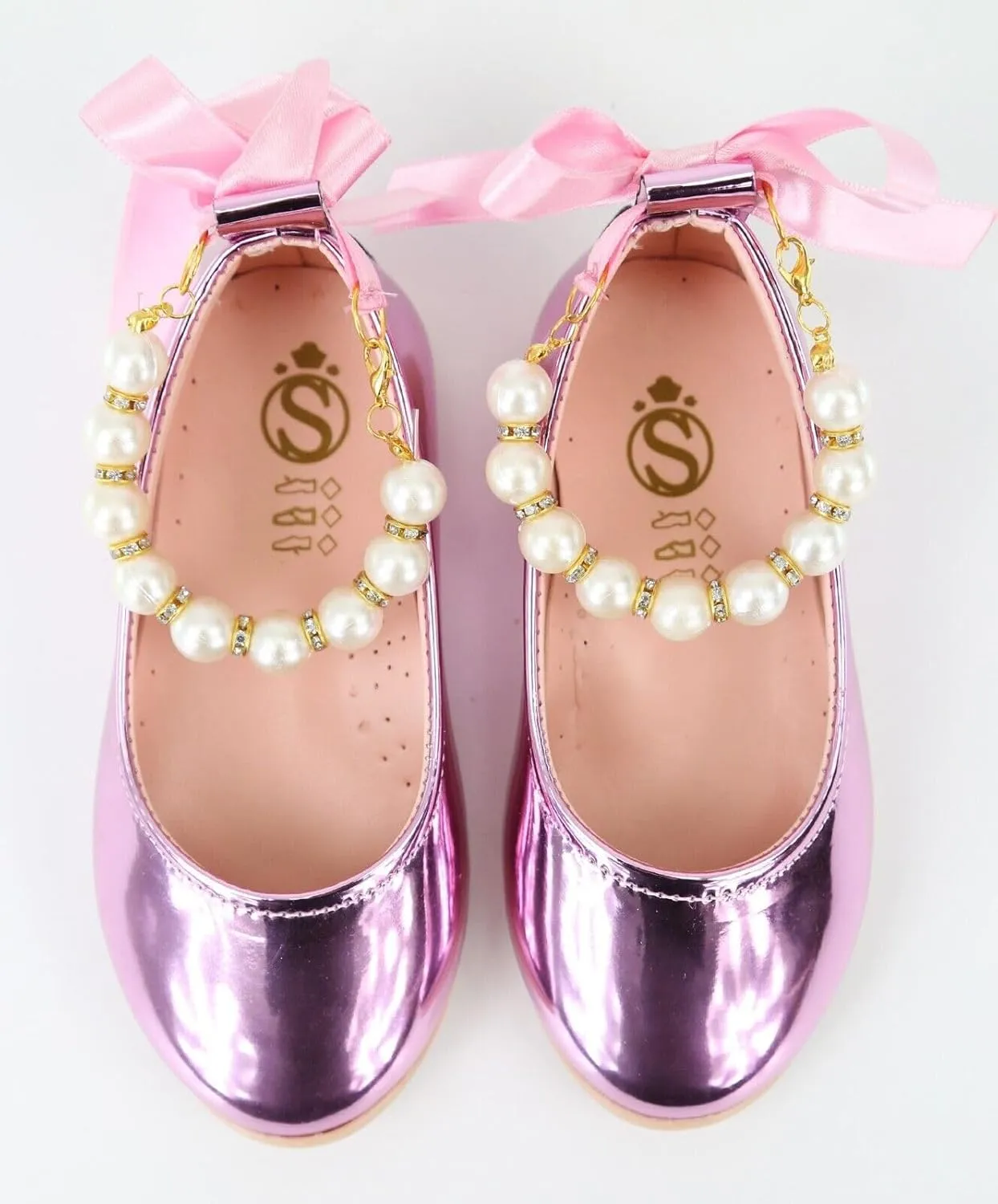SIRRI Elegant Girls' Mary Jane Flats with Pearl Detail and Ribbon - Perfect for Special Occasions