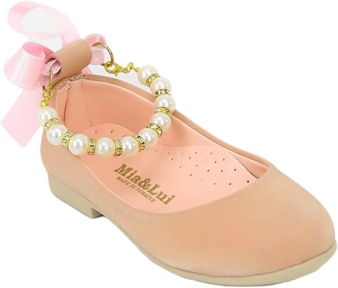 SIRRI Elegant Girls' Mary Jane Flats with Pearl Detail and Ribbon - Perfect for Special Occasions