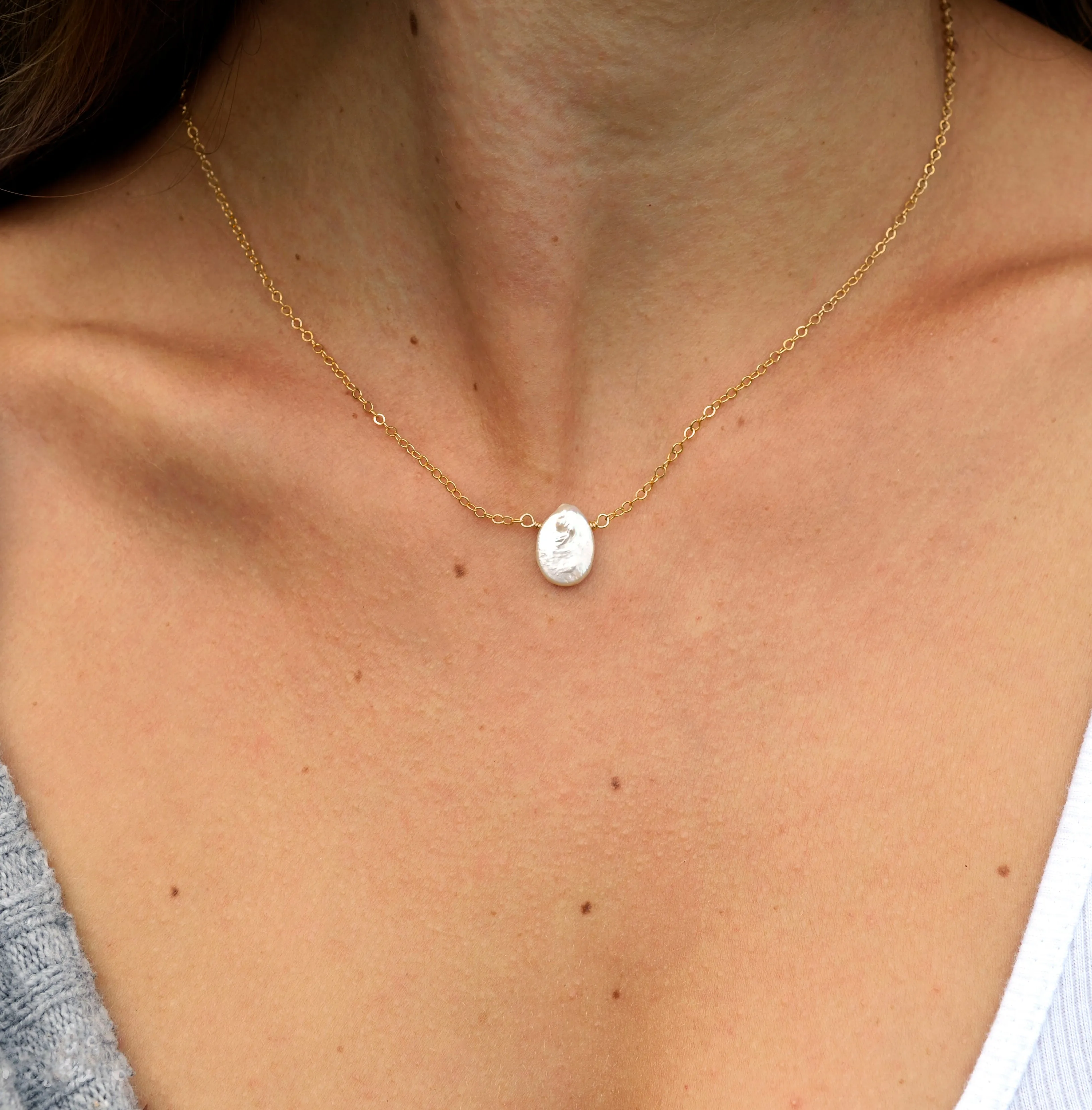Small White Freshwater Pearl Coin Necklace, Sterling Silver or 14k Gold Filled