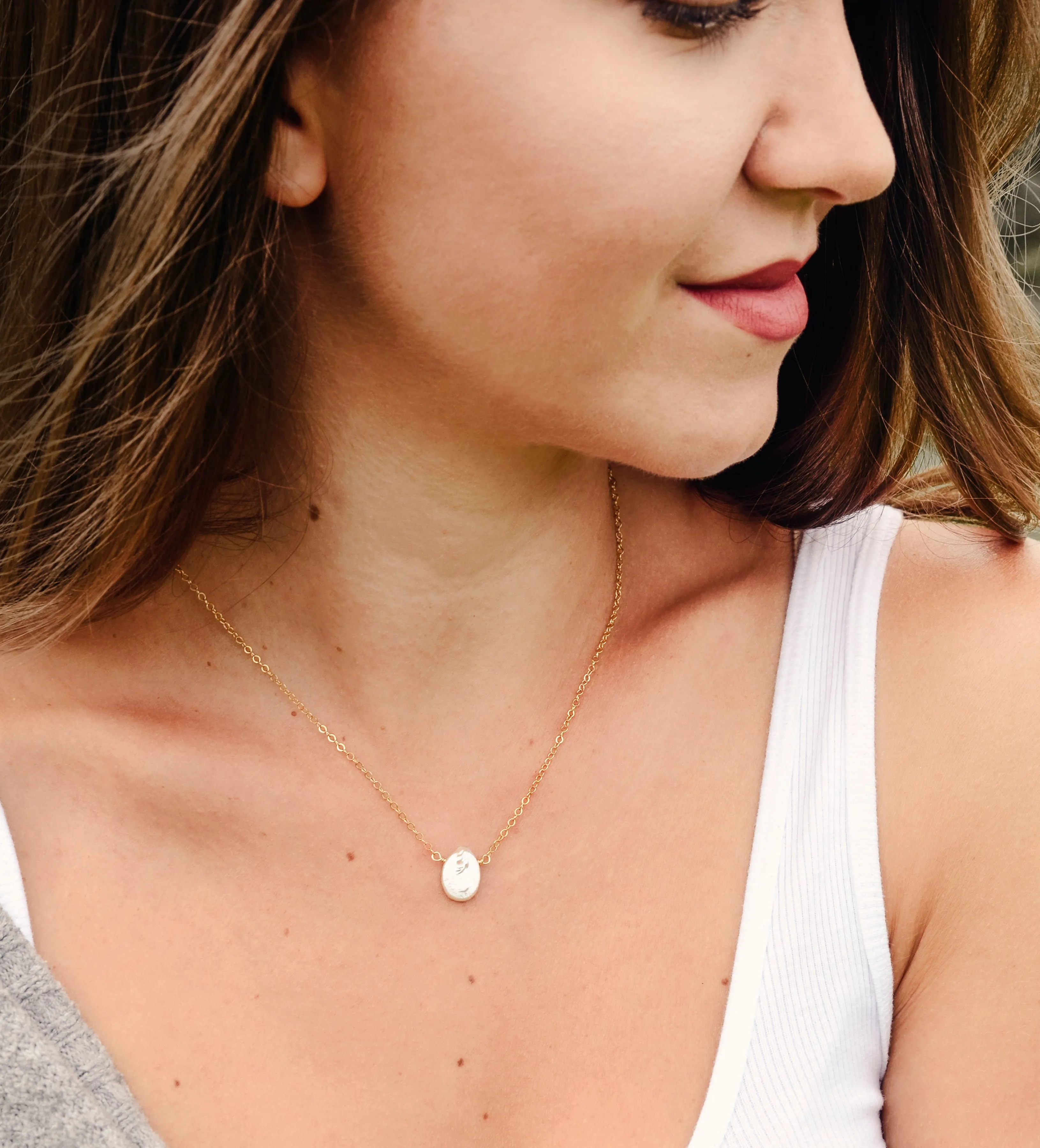 Small White Freshwater Pearl Coin Necklace, Sterling Silver or 14k Gold Filled