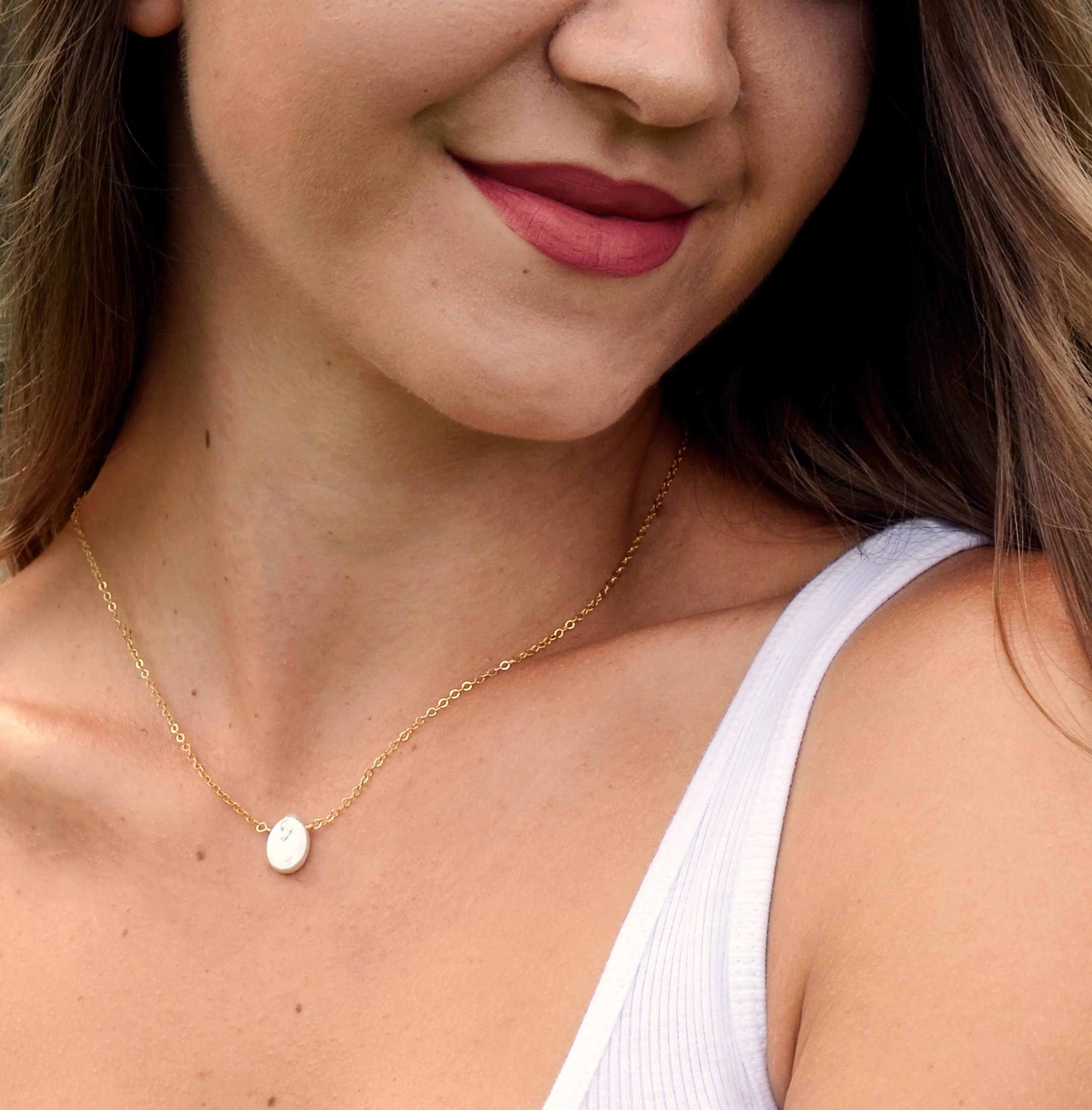 Small White Freshwater Pearl Coin Necklace, Sterling Silver or 14k Gold Filled