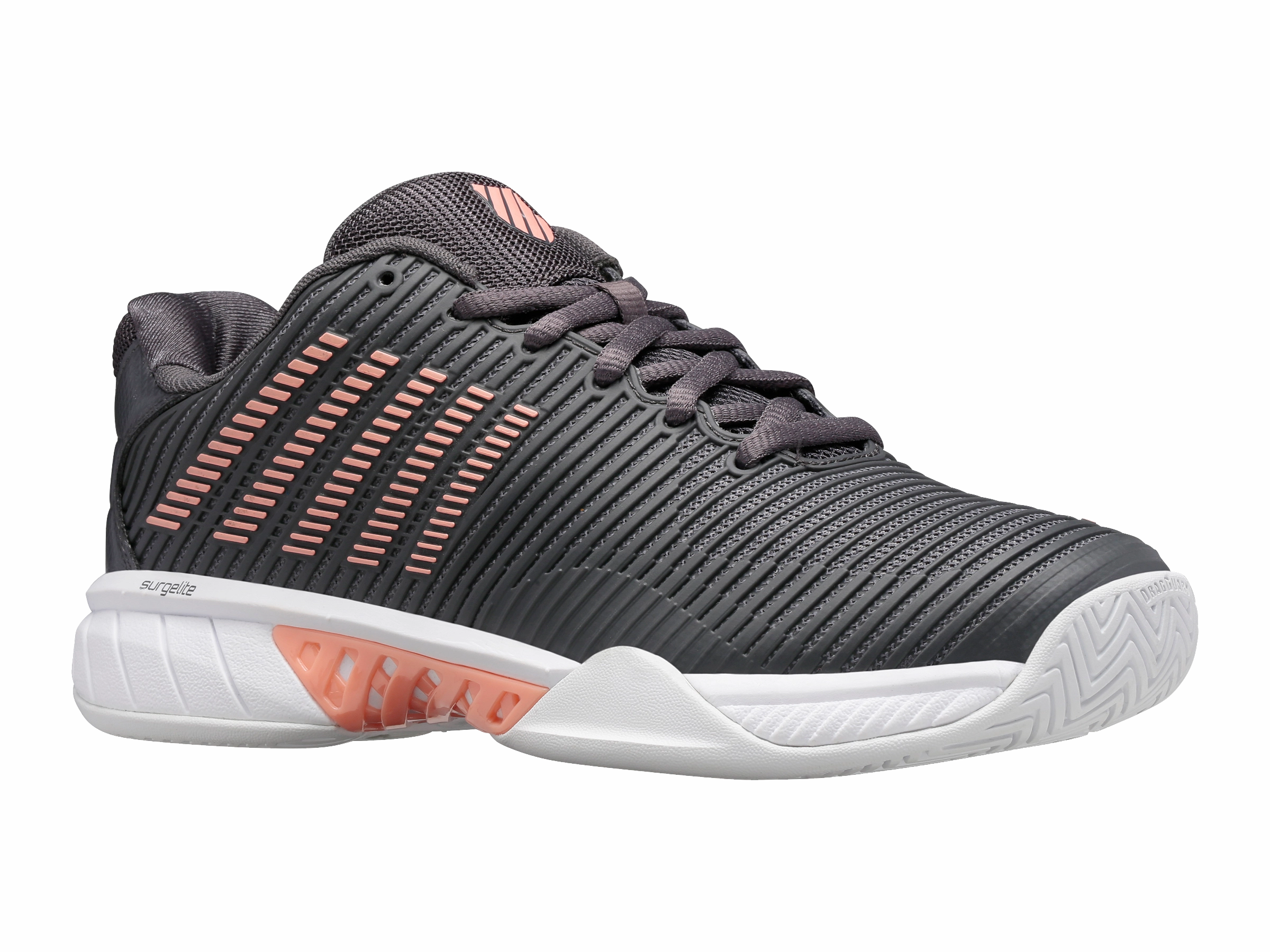 96807-009-W | HYPERCOURT EXPRESS 2-WIDE | ASPHALT/WHITE/PEACH AMBER Impact Resistant Sole Ankle Support