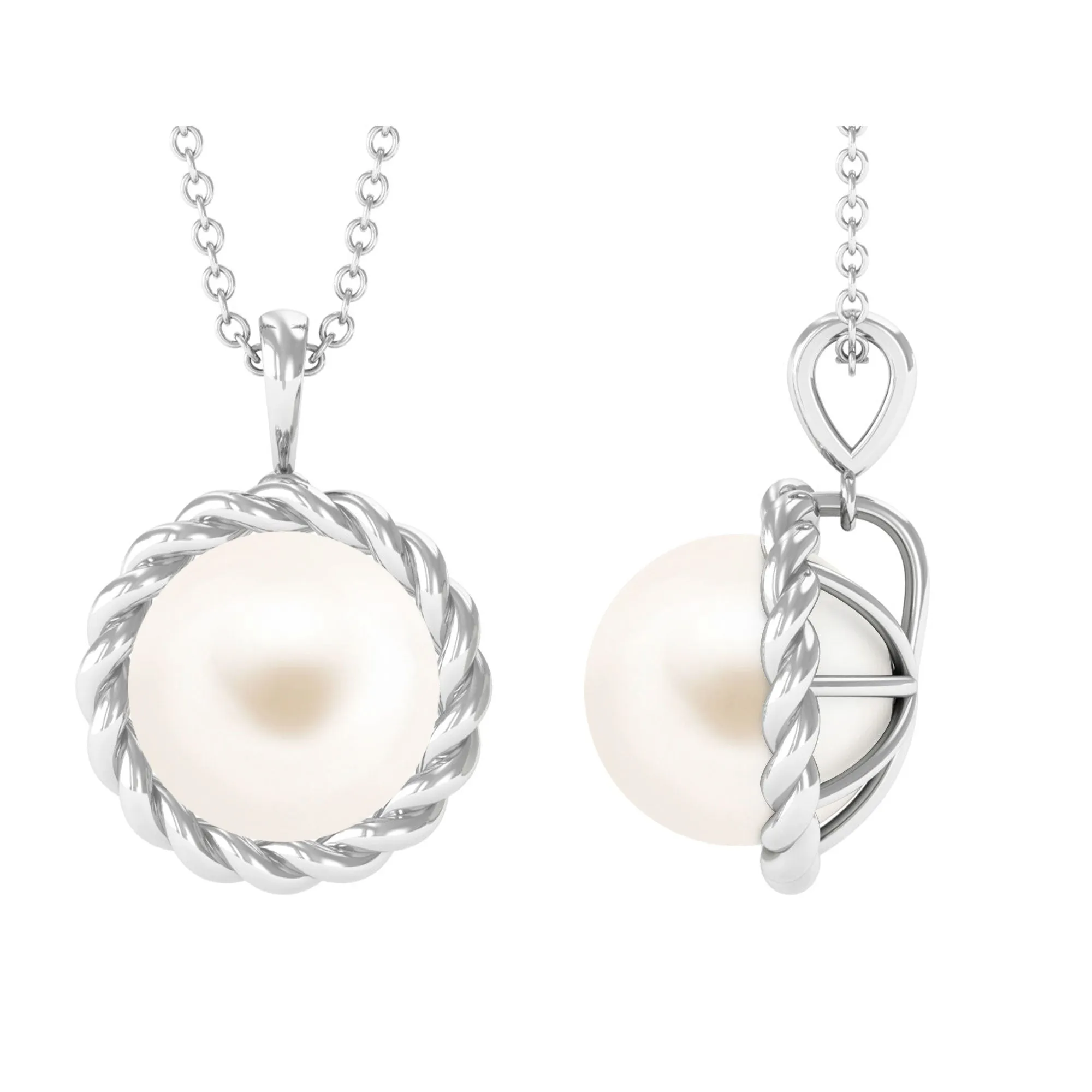 Solitaire White Pearl Pendant in Twisted Rope Frame