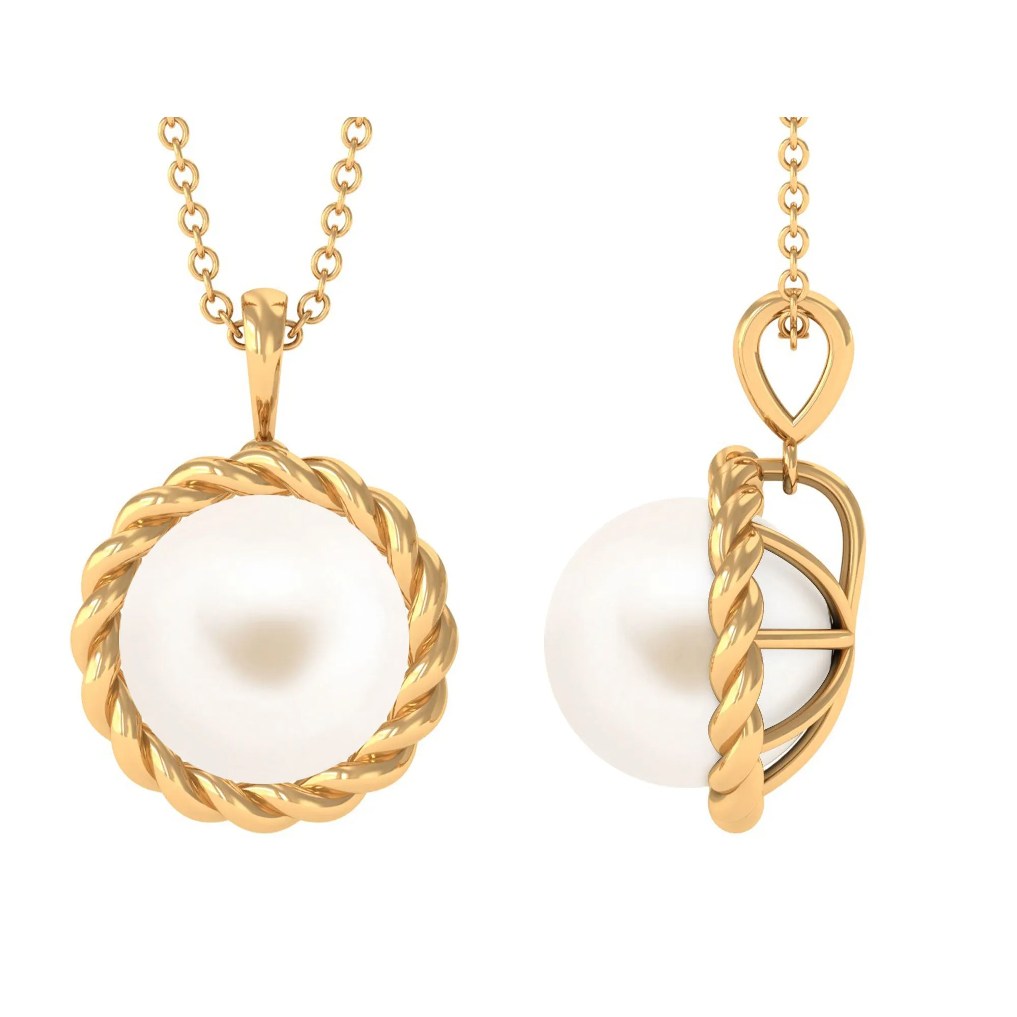 Solitaire White Pearl Pendant in Twisted Rope Frame