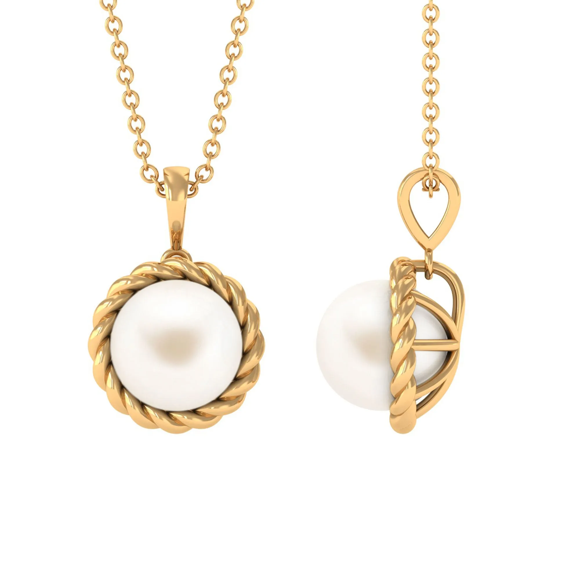 Solitaire White Pearl Pendant in Twisted Rope Frame