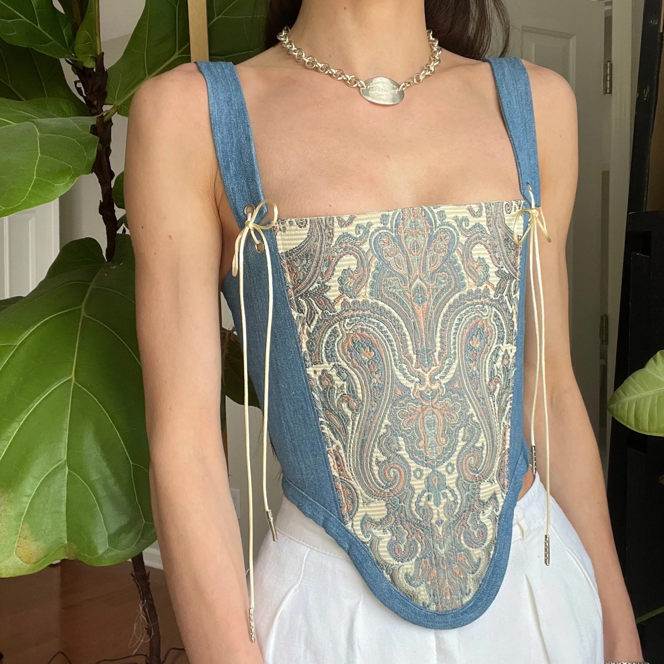 Split Pattern Brocade   Denim Corset