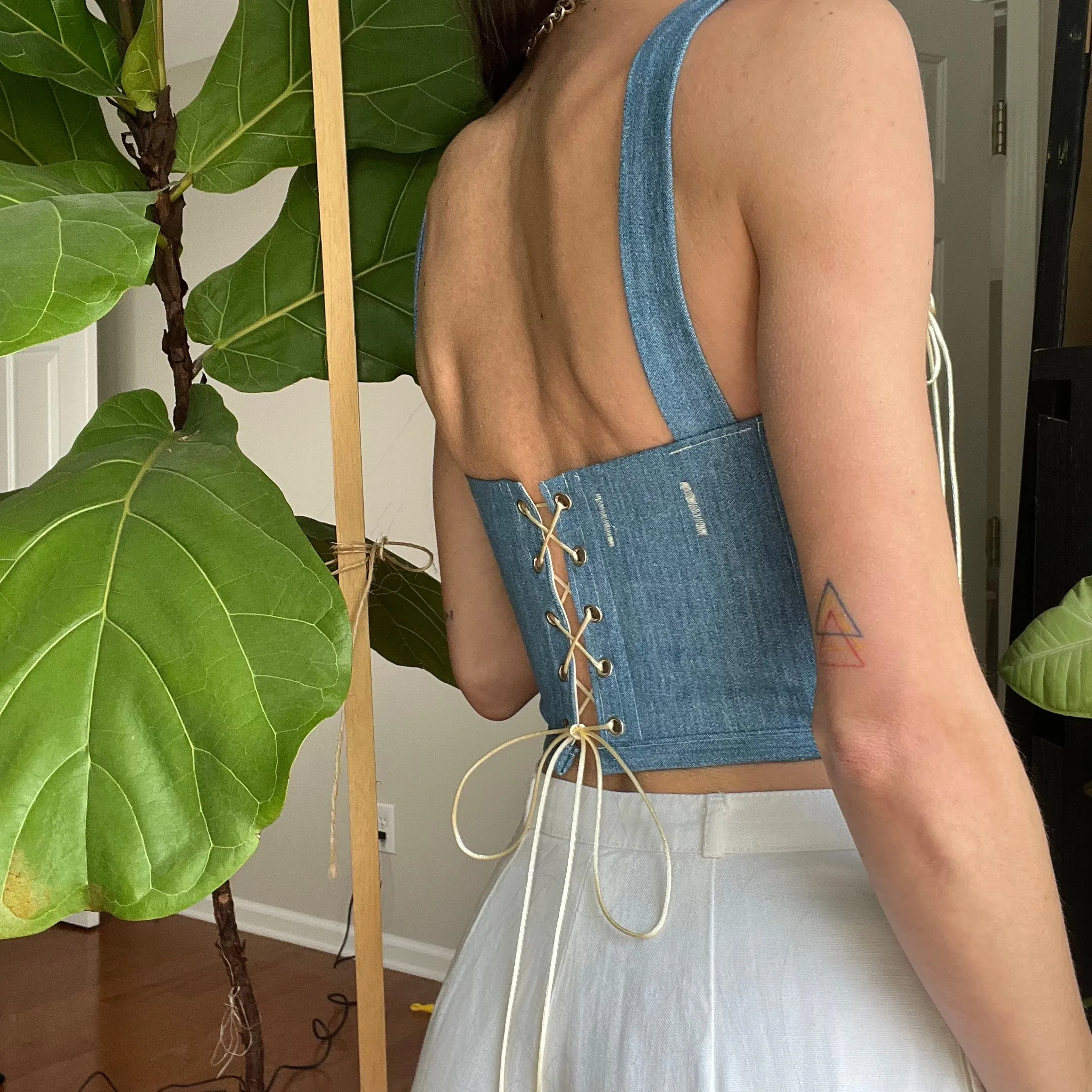 Split Pattern Brocade   Denim Corset