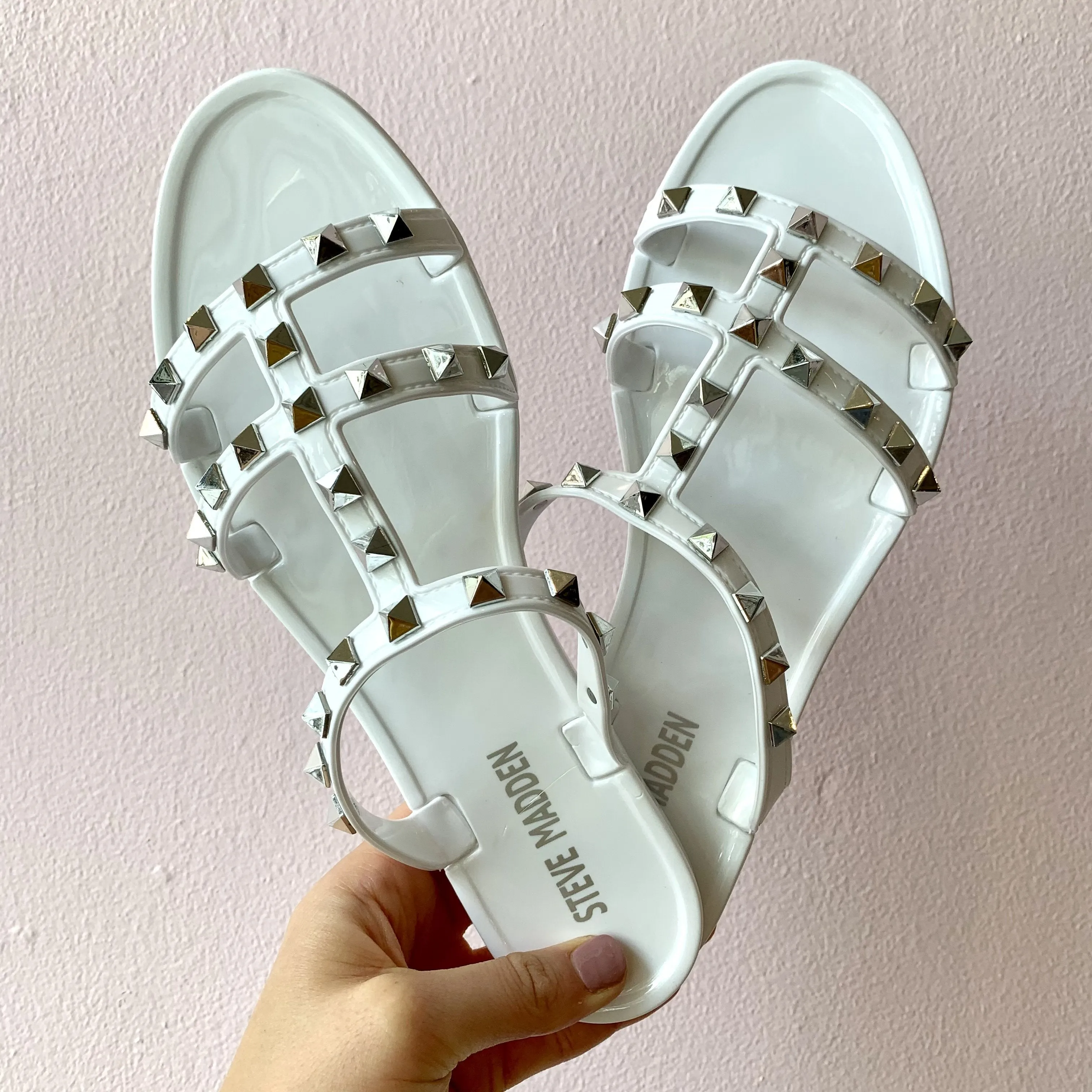 Steve Madden Steer Multi-Strap Stud Detail Flat Slide Sandals White