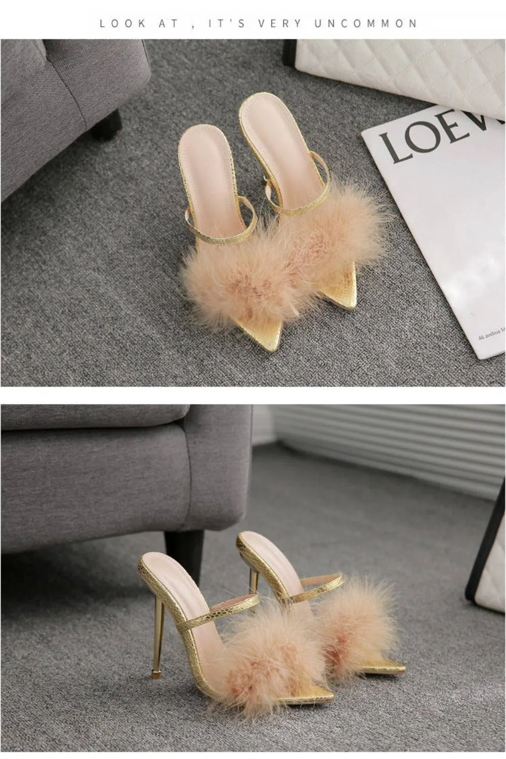 Stiletto Gold High Heel Sandals Ankle Strap Fluffy Fur Shoes