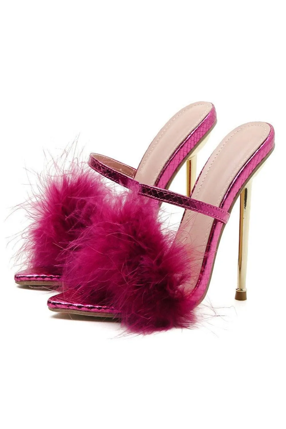 Stiletto Gold High Heel Sandals Ankle Strap Fluffy Fur Shoes