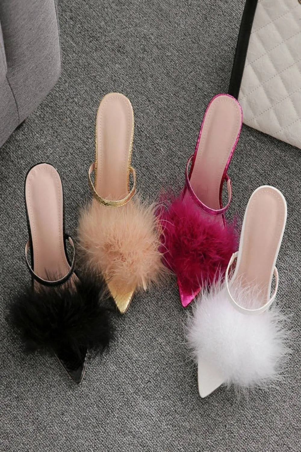 Stiletto Gold High Heel Sandals Ankle Strap Fluffy Fur Shoes