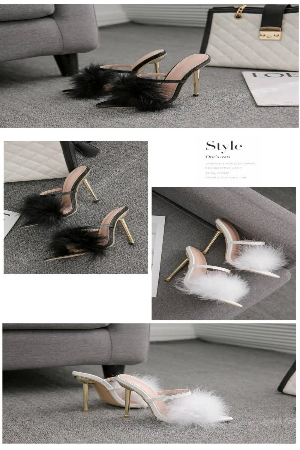 Stiletto Gold High Heel Sandals Ankle Strap Fluffy Fur Shoes