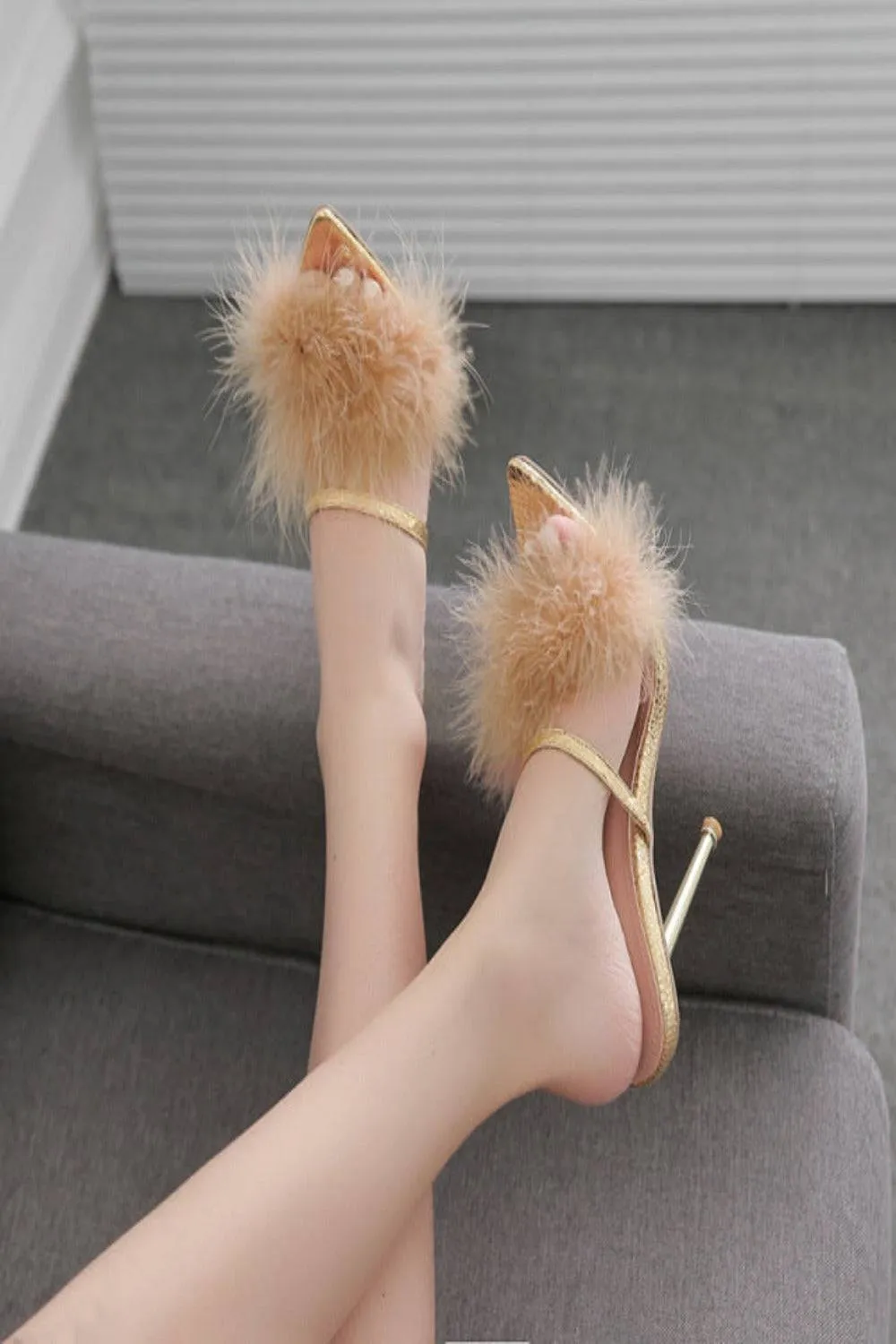 Stiletto Gold High Heel Sandals Ankle Strap Fluffy Fur Shoes