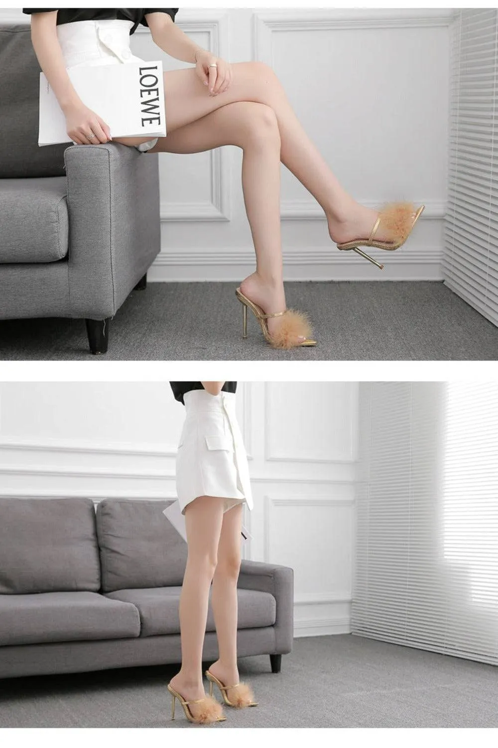 Stiletto Gold High Heel Sandals Ankle Strap Fluffy Fur Shoes