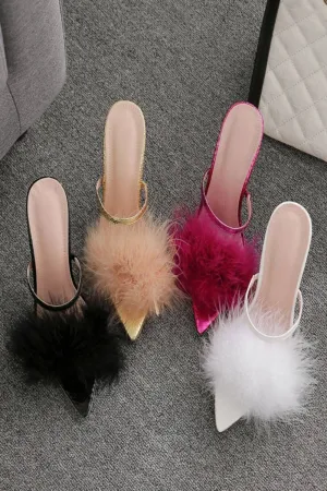 Stiletto Gold High Heel Sandals Ankle Strap Fluffy Fur Shoes
