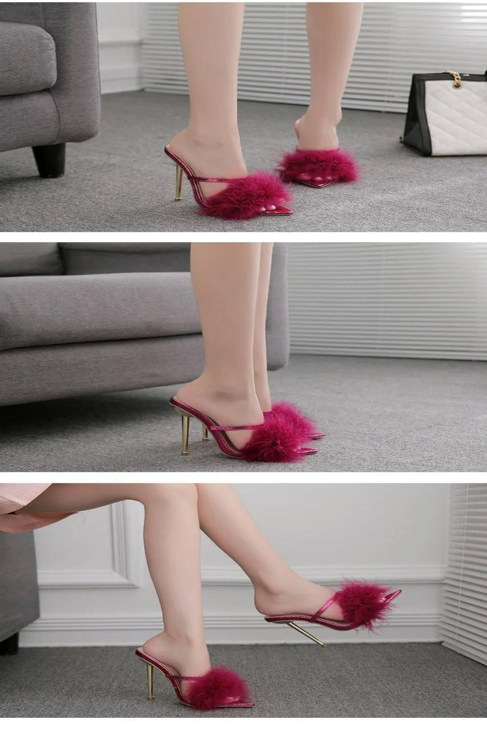 Stiletto Gold High Heel Sandals Ankle Strap Fluffy Fur Shoes