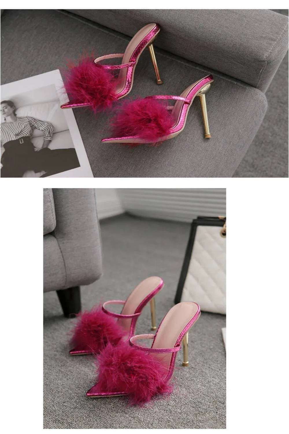 Stiletto Gold High Heel Sandals Ankle Strap Fluffy Fur Shoes