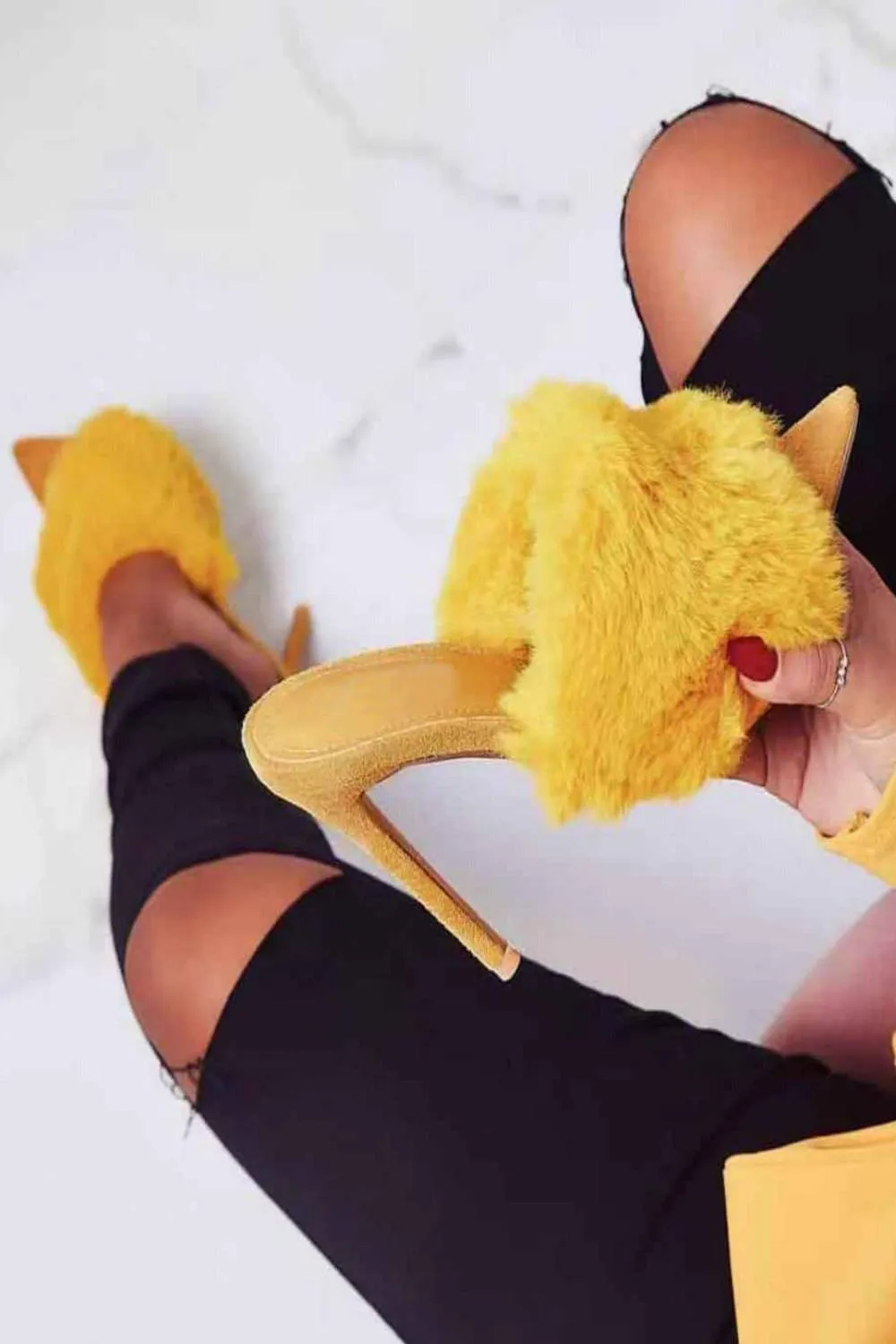 Stiletto High Heel Sandals Fluffy Fur Shoes