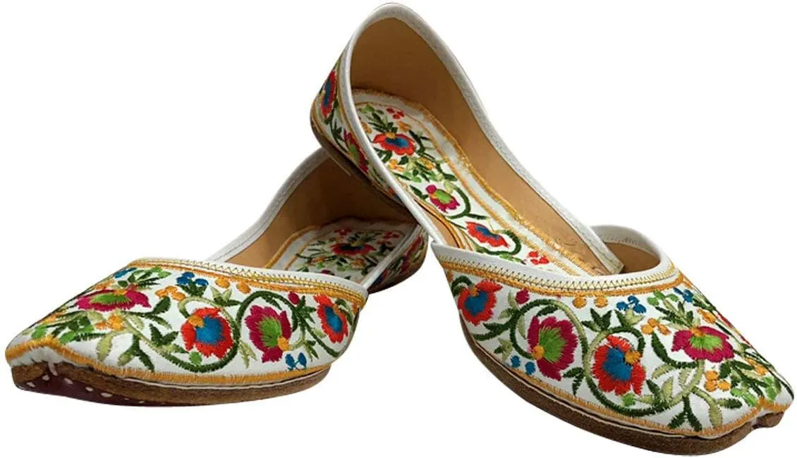 Stop n Style Punjabi Jutti for Ladies Mojari Shoes Jutti Shoes White Floral Multicolor Casual Party Wedding Slip-On Flats