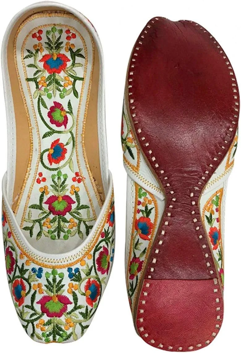 Stop n Style Punjabi Jutti for Ladies Mojari Shoes Jutti Shoes White Floral Multicolor Casual Party Wedding Slip-On Flats