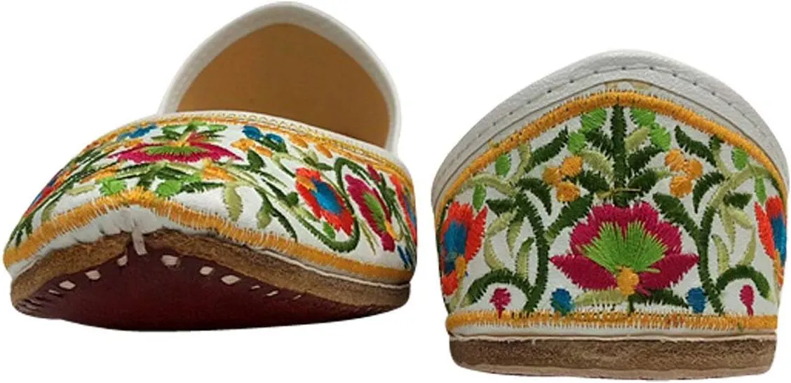 Stop n Style Punjabi Jutti for Ladies Mojari Shoes Jutti Shoes White Floral Multicolor Casual Party Wedding Slip-On Flats
