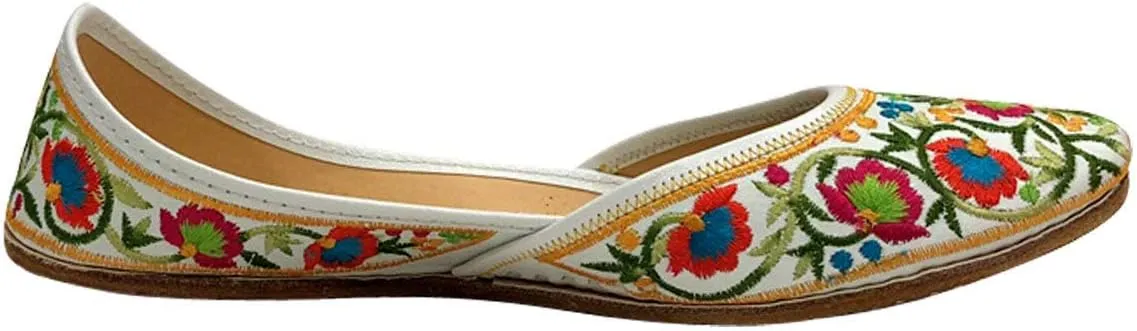 Stop n Style Punjabi Jutti for Ladies Mojari Shoes Jutti Shoes White Floral Multicolor Casual Party Wedding Slip-On Flats