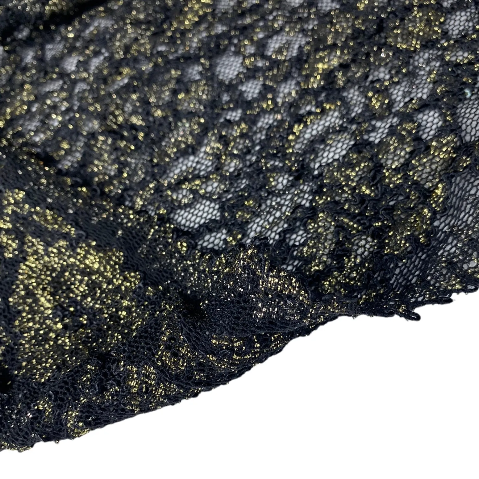 Stretch Floral Corded Lace with Finished Edges - Black/Gold