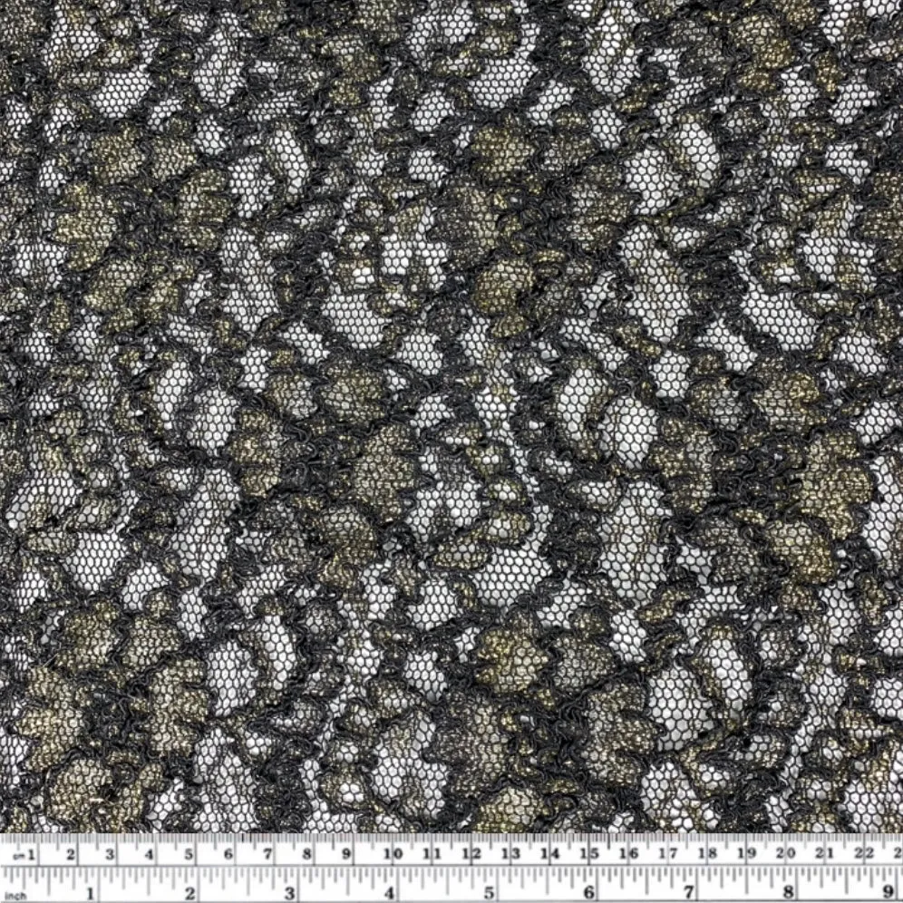 Stretch Floral Corded Lace with Finished Edges - Black/Gold