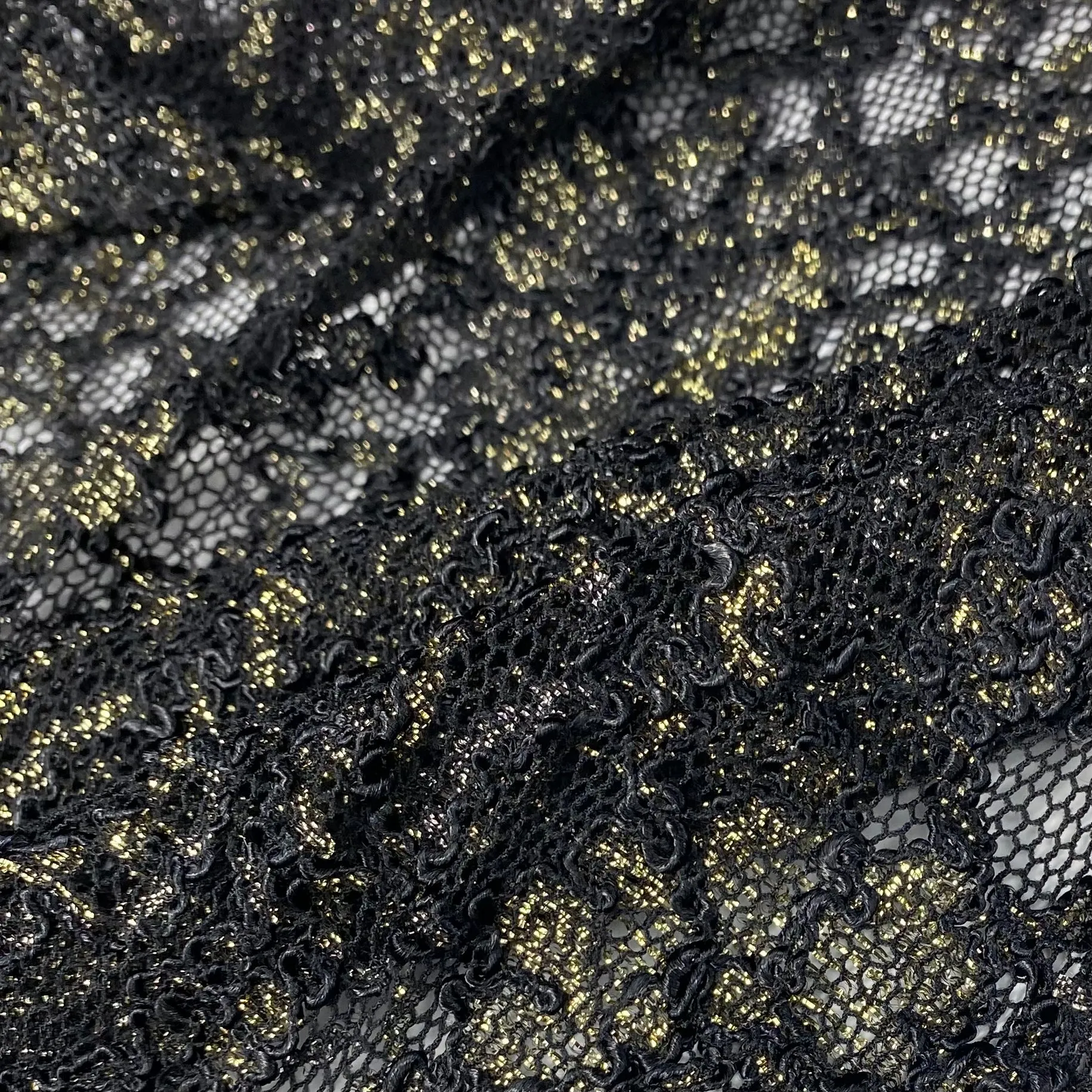 Stretch Floral Corded Lace with Finished Edges - Black/Gold
