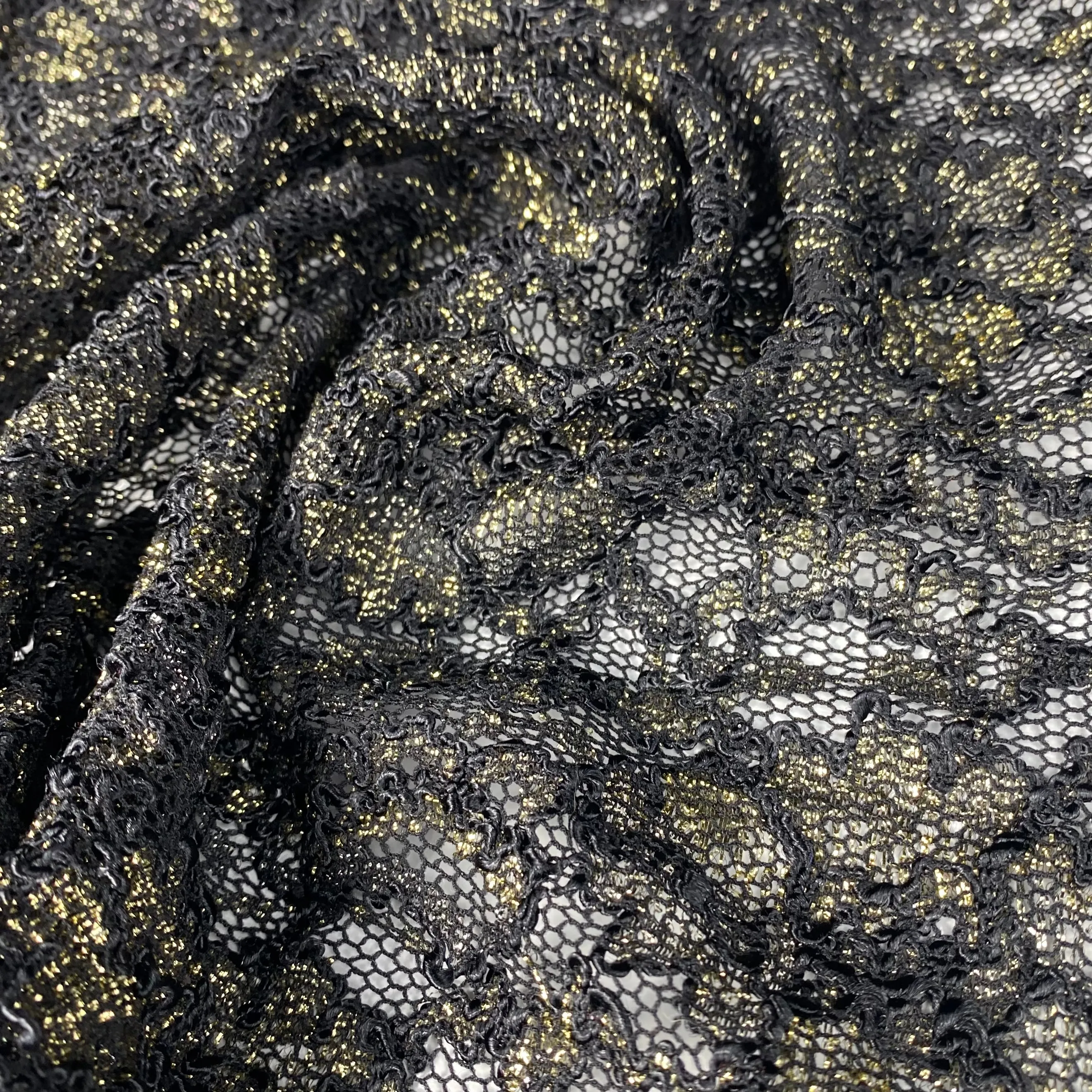Stretch Floral Corded Lace with Finished Edges - Black/Gold
