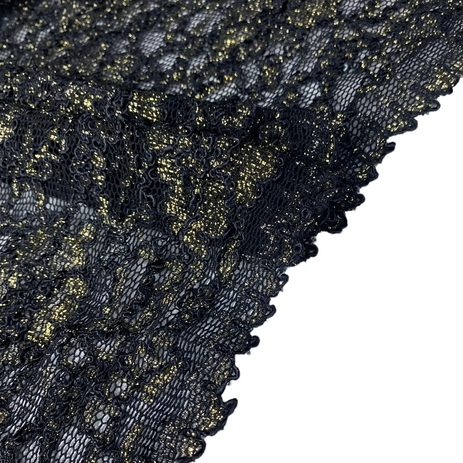 Stretch Floral Corded Lace with Finished Edges - Black/Gold