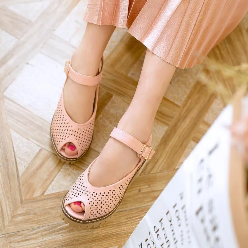Summer Cute Hollow Peep Toe Women's Platform Block Heel Sandals