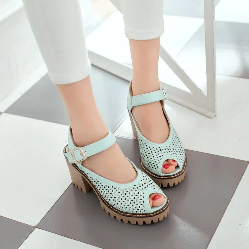 Summer Cute Hollow Peep Toe Women's Platform Block Heel Sandals