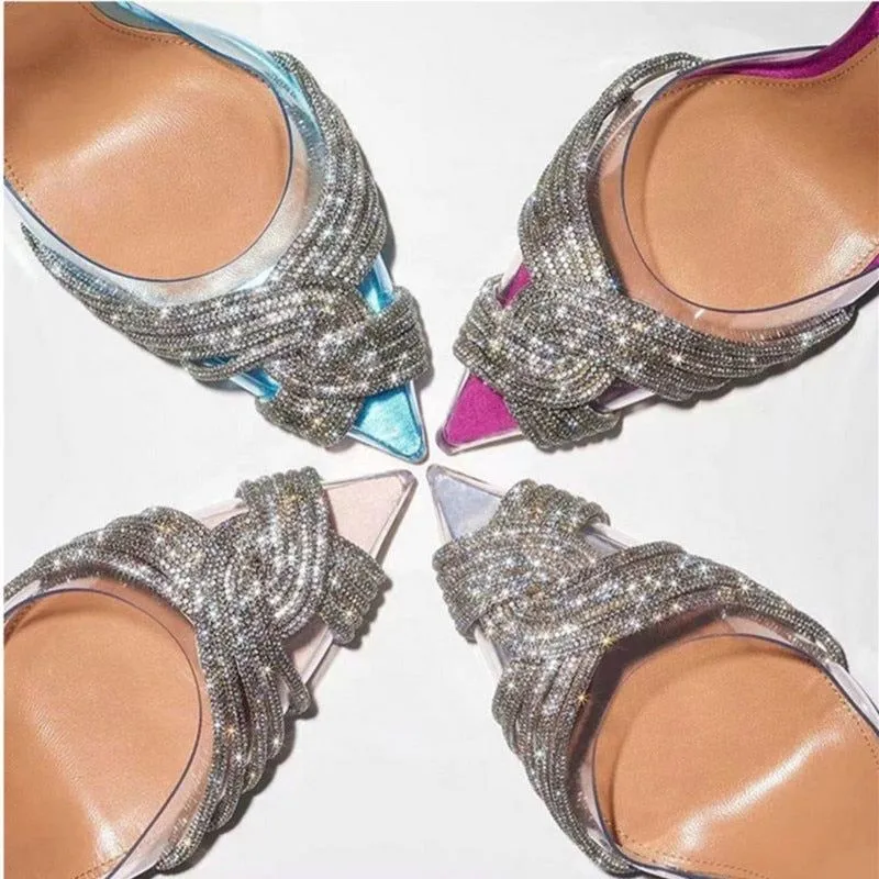 Summer Women's Back Strap Pumps Transparent Rhinestone Pointed Toe High Heels