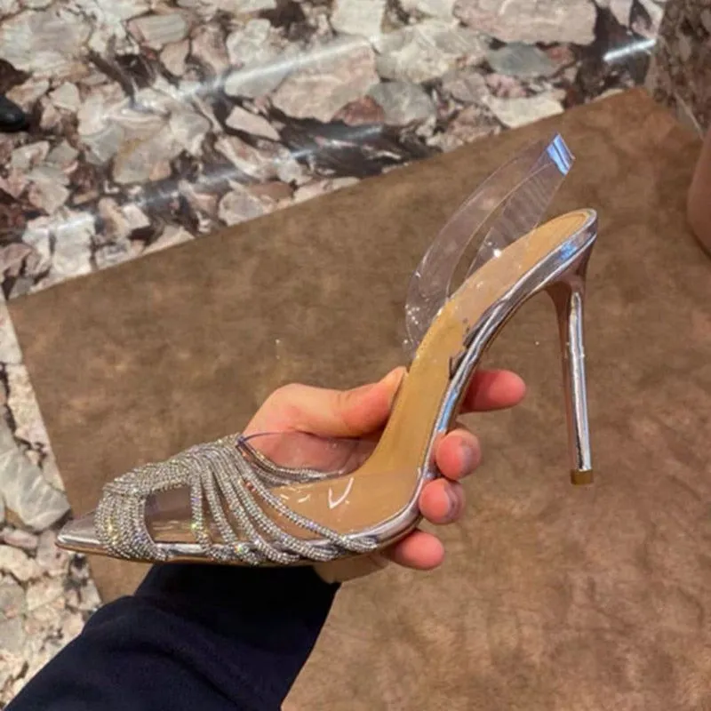 Summer Women's Back Strap Pumps Transparent Rhinestone Pointed Toe High Heels