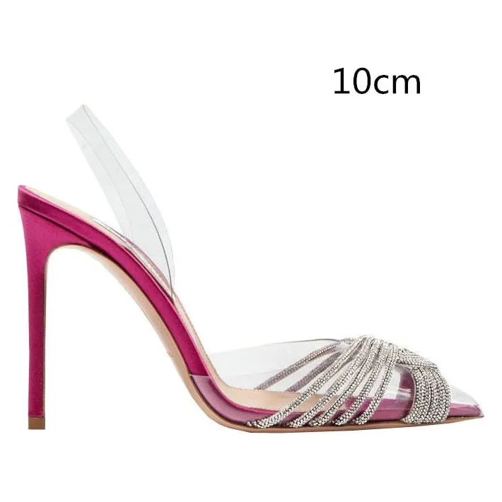 Summer Women's Back Strap Pumps Transparent Rhinestone Pointed Toe High Heels