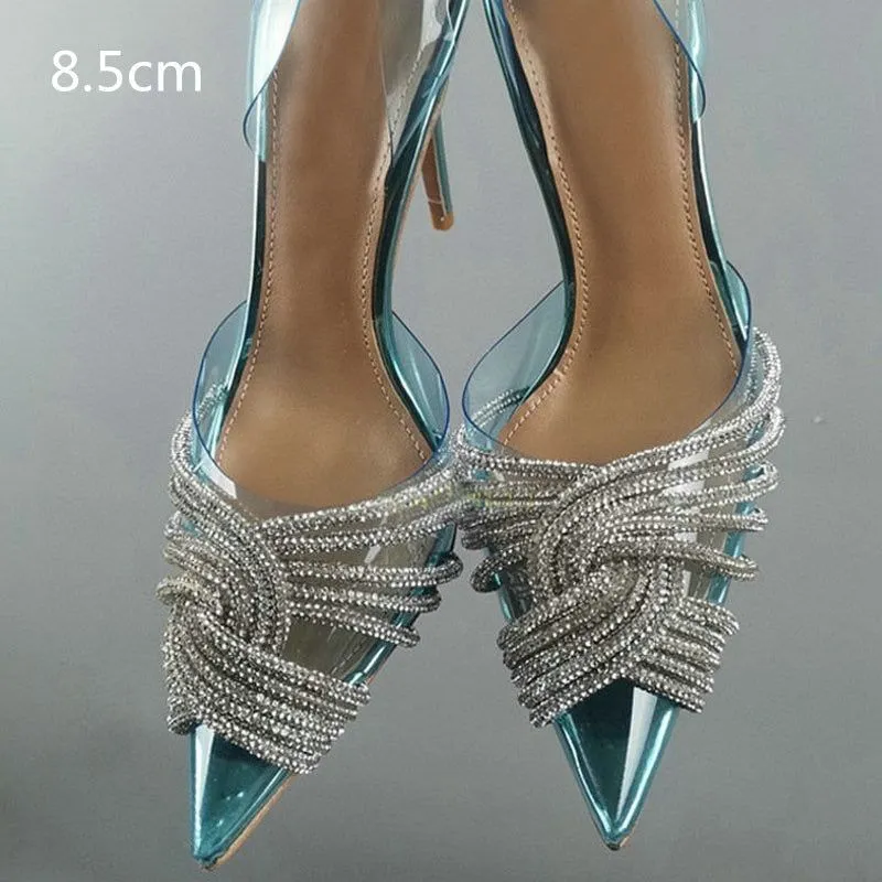 Summer Women's Back Strap Pumps Transparent Rhinestone Pointed Toe High Heels