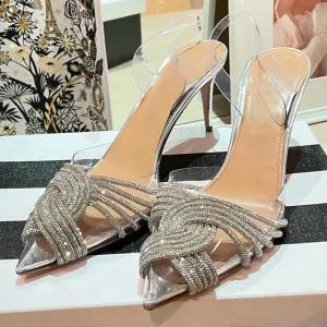Summer Women's Back Strap Pumps Transparent Rhinestone Pointed Toe High Heels