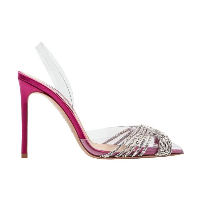 Summer Women's Back Strap Pumps Transparent Rhinestone Pointed Toe High Heels